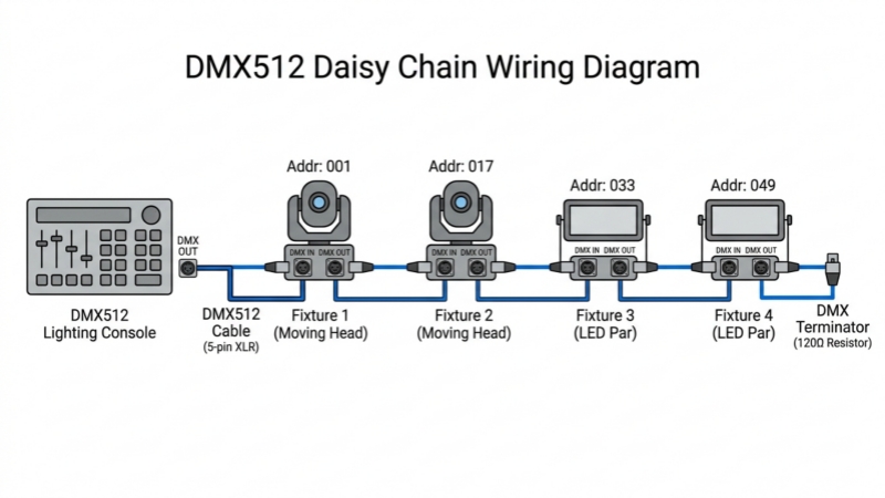 DMX512 lighting console controlling stage moving head lights