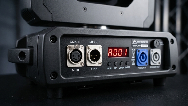 moving head light DMX input output connector and address display